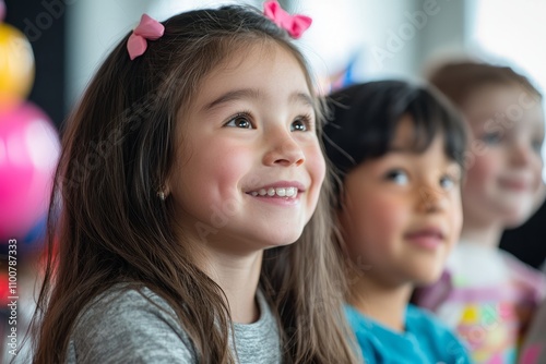 A group of children watching the Macy’s Thanksgiving Day Parade on TV. The colorful floats and cheerful music, Generative AI  photo