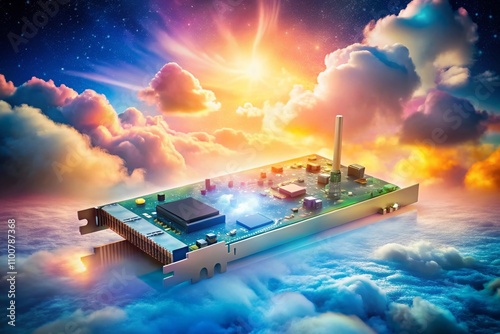 Surreal Depiction of a Network Interface Card NIC Floating in a Dreamlike Space Against a Pure White Background, Merging Technology with Imagination photo