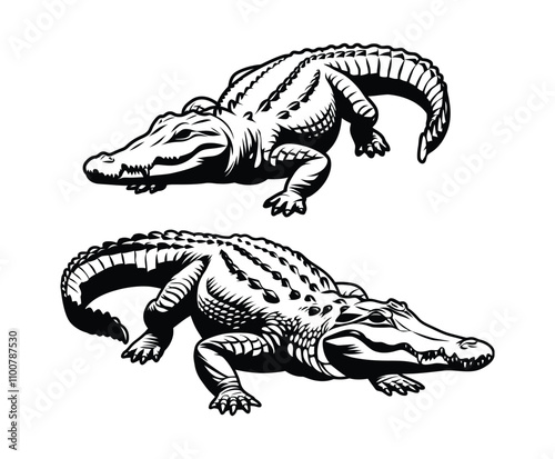 Crocodile Silhouette with Contours in Crouching Position Vector