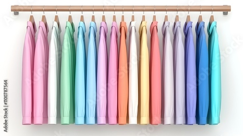 Vibrant Array of Shirts Hang Neatly in a Closet, Showcasing a Beautiful Spectrum of Colors. Saving Space Furniture Concept