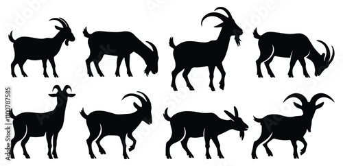 Goat Silhouettes, Farm Animals, Grazing, Horns, Vector Illustration.