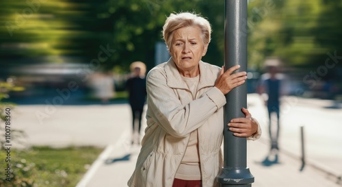 Elderly woman gripping pole on sidewalk, appearing unsteady