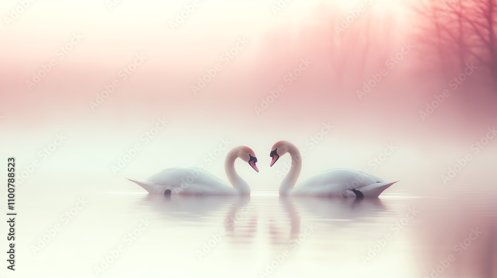 Obraz premium Two elegant swans create a romantic scene in the misty water at dawn, surrounded by soft pastel colors.