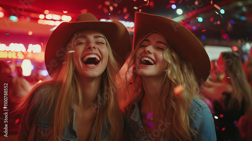 Confetti falling on women wearing cowboy hats laughing dancing in nightclub