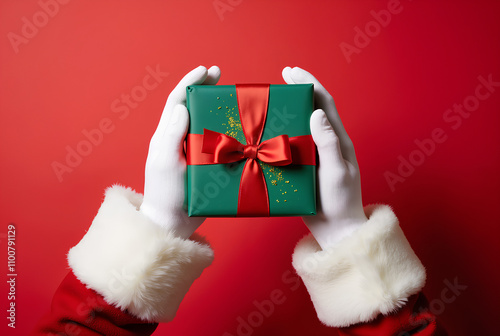 Hands dressed in Santa Claus gloves tenderly hold a neatly wrapped green present tied with a bright red ribbon.