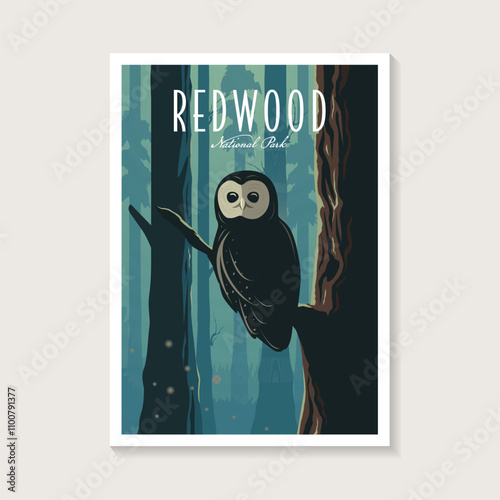 Redwood National Park poster illustration, spotted owl in the forest scenery poster design