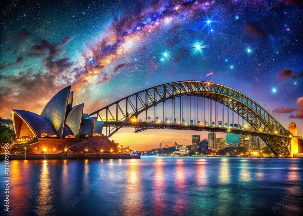 Naklejka premium Surreal Nightscape of Sydney Harbour Bridge Illuminated Against a Dreamlike Skyline with the Opera House, Capturing a Magical Urban Fantasy Atmosphere