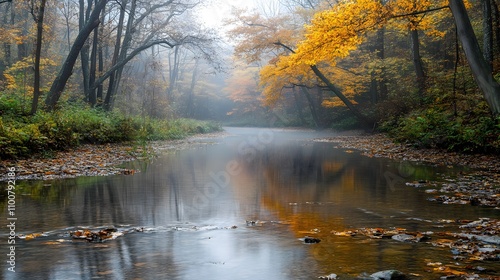 Wallpaper Mural Serene autumn river scene with mist and golden foliage. Torontodigital.ca