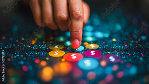 A hand is pointing at a screen with a bunch of different colored circles, each with a dollar sign in the middle photo