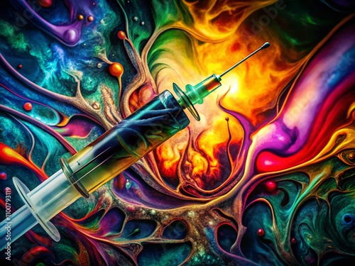 Surreal Representation of a Syringe with Ebola Virus: A Conceptual Exploration of Medicine, Disease, and Human Vulnerability in a Dreamlike Setting photo