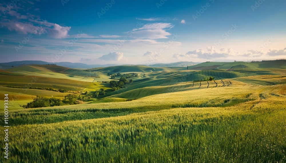 Fototapeta premium Panoramic view of rolling green hills under a vast blue sky