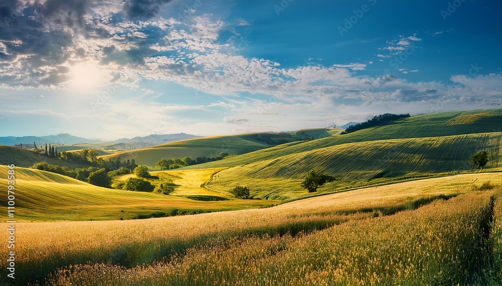 Obraz premium Green meadow stretches towards distant mountains under a cloudy sky