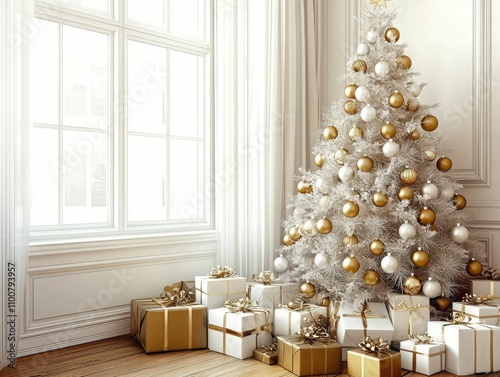 Bright white Christmas tree, cozy festive living room, modern holiday decor ideas photo