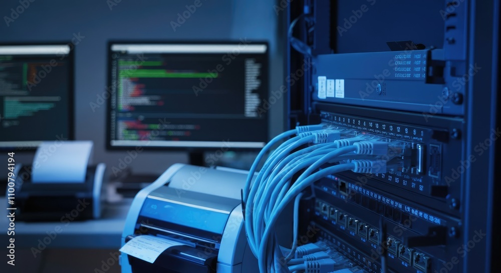 Fototapeta premium Server room with network cables, computer screens, and devices in dimly lit environment
