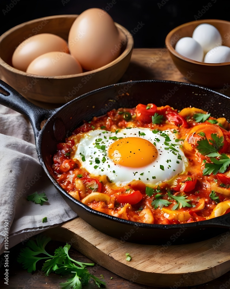 Shakshuka Recipe Fried Eggs in Spicy Tomato Sauce with Parsley. Generated AI Shakshuka Recipe Fried Eggs in Spicy Tomato Sauce with Parsley. Generated AI