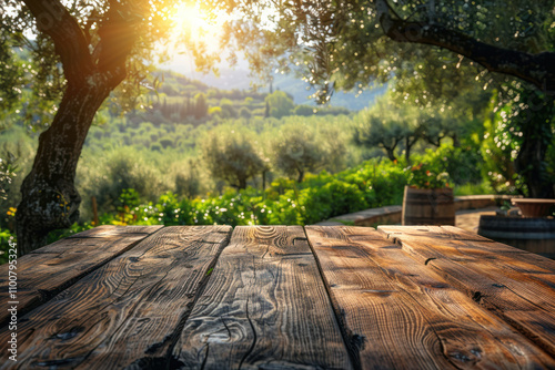 Old wooden table for product display with natural green olive field bokeh background. ,.      photo