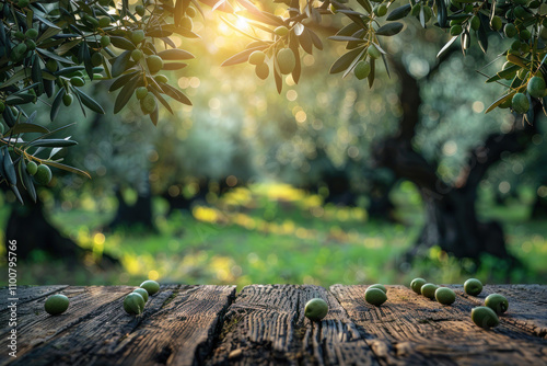 Old wooden table for product display with natural green olive field bokeh background. ,.      photo