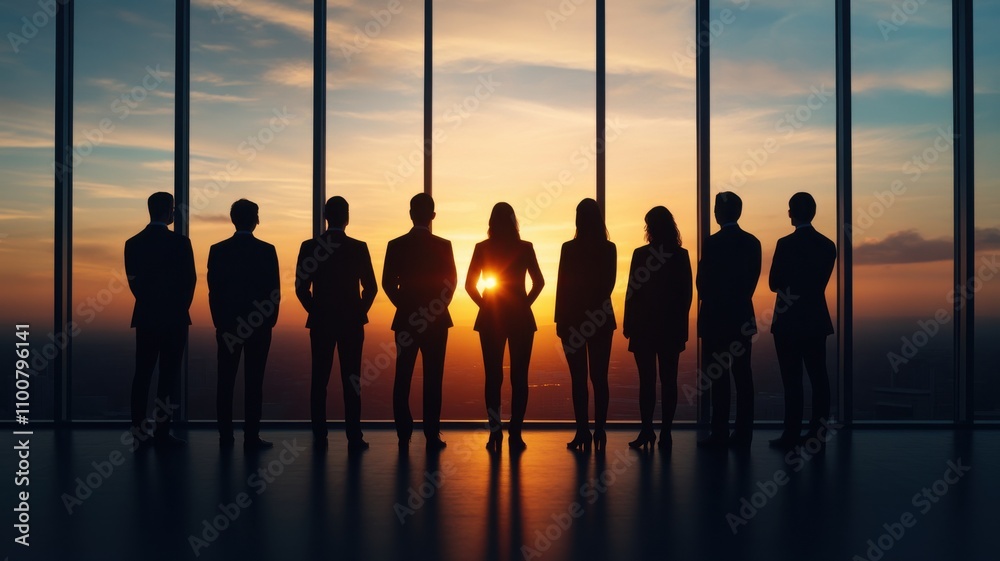 Silhouetted business team against a stunning sunset backdrop. Silhouetted business team against a stunning sunset backdrop.