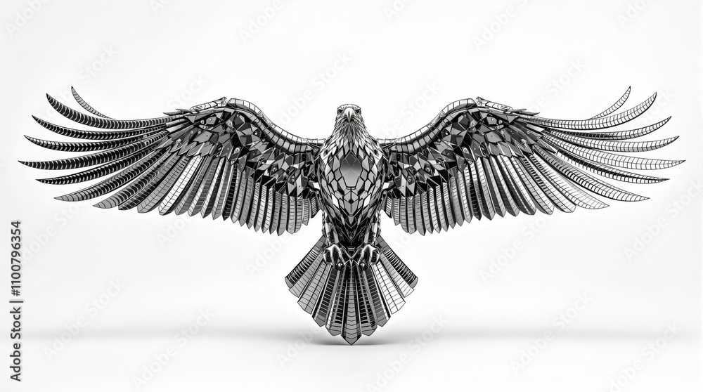 Obraz premium Futuristic metallic eagle with geometric wings spread against white background