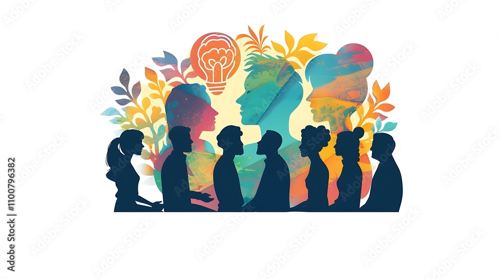 Fototapeta premium Diverse individuals engage in creative thought process with glowing lightbulb for symbolizing innovation amidst colorful floral backdrop artistic teamwork concept.