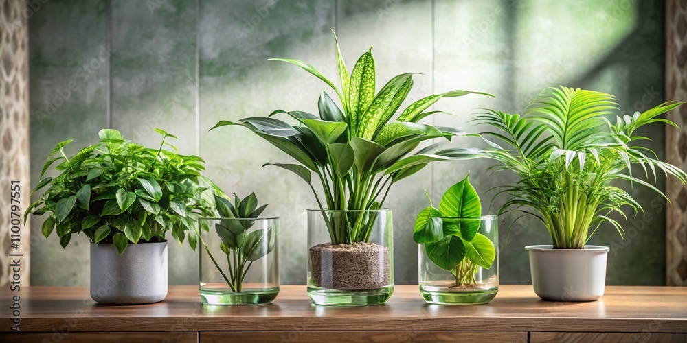 Three Lush Indoor Plants in Stylish Glass Pots Against a Minimalist Background, Perfectly Enhancing Fresh and Vibrant Decor for Modern Interior Spaces Three Lush Indoor Plants in Stylish Glass Pots Against a Minimalist Background, Perfectly Enhancing Fresh and Vibrant Decor for Modern Interior Spaces