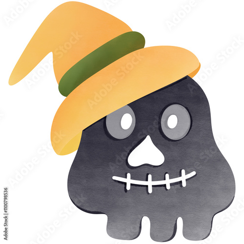 funny cartoon skull wearing a yellow hat, Halloween ghost, a cute skull wearing hat