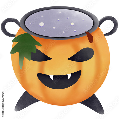 Cartoon Halloween witches cauldron with gray bubbling cooking art magic pot