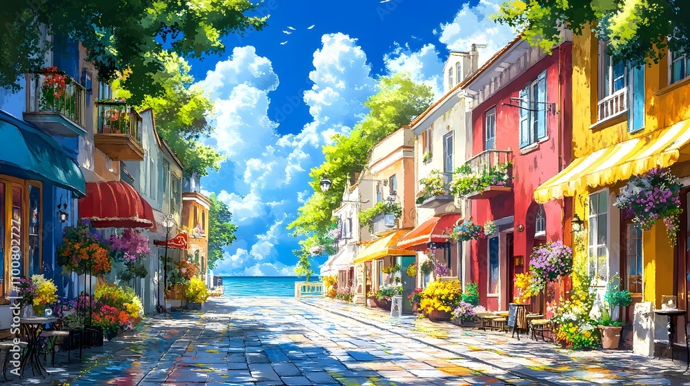 Naklejka premium Colorful seaside street with vibrant buildings and blooming flowers under a bright sky.