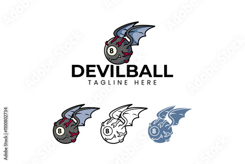 devil bat with billiard ball and wing logo design. eye ball snooker with bat wings modern element design. eye pool ball with bat wings icon illustration logo for billiard sport club and tournament