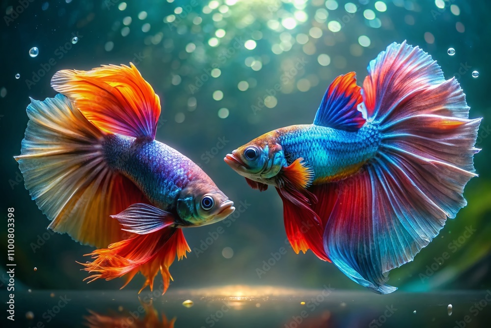 Fototapeta premium Two Elegant Betta Fish Engaged in a Stunning Underwater Display, Perfect for Aquatic Enthusiasts and Nature Lovers Seeking Serene and Colorful Imagery