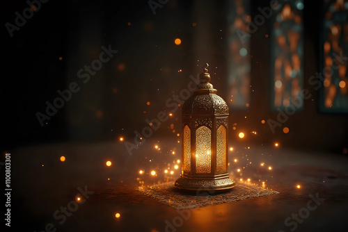 Ramadan Lantern in low light mode with arabesque background. photo