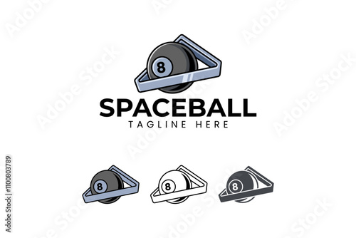 black ball billiard surrounded triangle rack logo design. 8 pool ball with triangle shelf element design. black ball snooker with rack icon illustration logo for billiard sport club and tournament