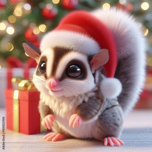 Cute sugar glider wearing santa hat