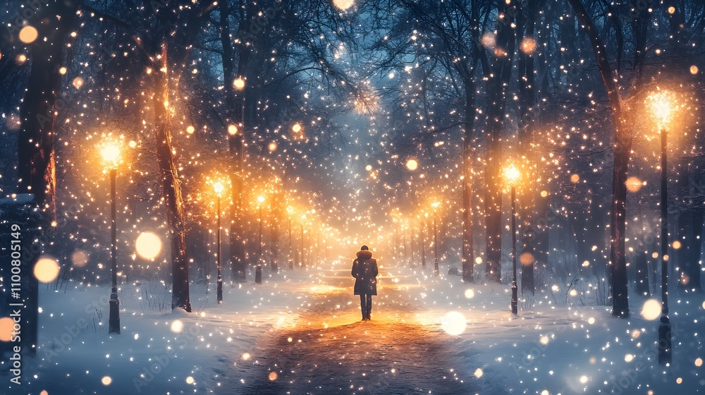 Fototapeta premium Solo figure walking through a snowy park, illuminated by glowing street lamps.