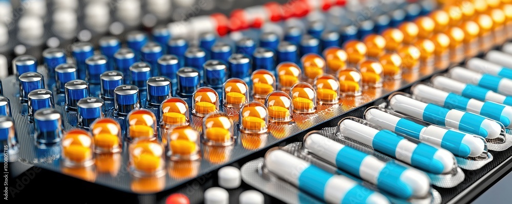 Close-up of colorful capsules and tablets arranged neatly in blister packs, showcasing a variety of pharmaceutical products. Close-up of colorful capsules and tablets arranged neatly in blister packs, showcasing a variety of pharmaceutical products.