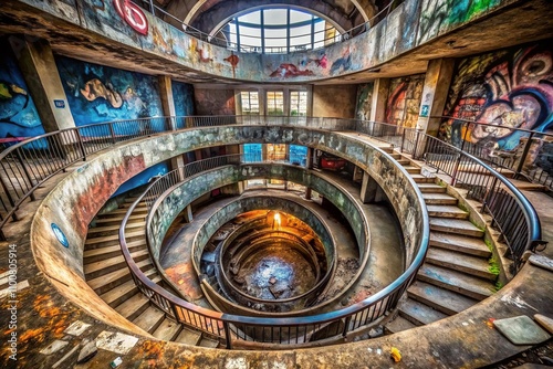 Urban Exploration Photography Featuring a Large Spiral Design in a Gritty Cityscape, Capturing the Essence of Abandoned Spaces and Modern Architecture photo