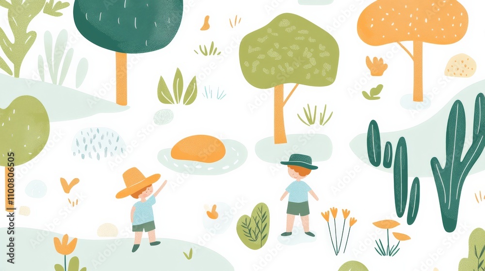 Naklejka premium Charming Child Exploring Nature in Forest Illustration