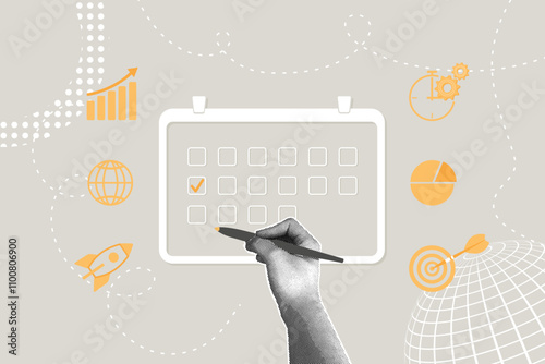 Trendy halftone collage. Business concept, calendar of activities, improve efficiency, appointment schedule, personal organizer. Using a personal organizer to schedule meetings and events digitally