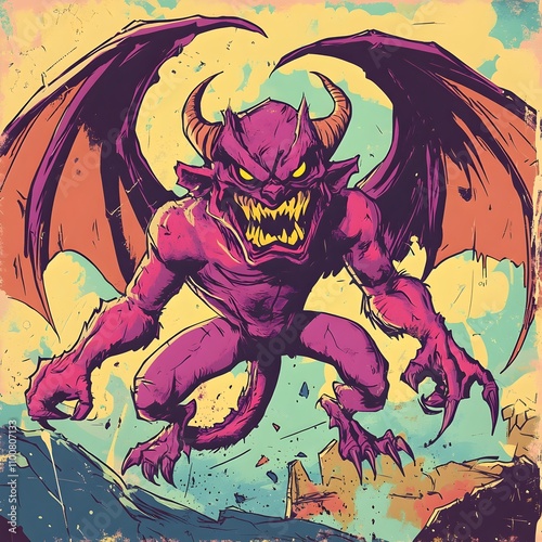 Exaggerated Cartoon Demon in Vibrant Surreal Dreamscape with Comic Book Pulp Influence photo