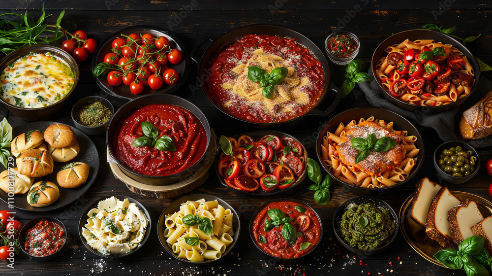 A Delicious Assortment of Italian Dishes Including Pasta, Vegetables, and Cheese, Displayed on a Dark Background with Overhead Shot, Featuring Tomato Sauce, Zucchini Puree, and Fresh Herbs
A Delicious Assortment of Italian Dishes Including Pasta, Vegetables, and Cheese, Displayed on a Dark Background with Overhead Shot, Featuring Tomato Sauce, Zucchini Puree, and Fresh Herbs