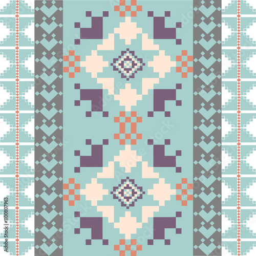 Art Abstract with Pixel Art Designs. Traditional Cross Stitch needlework. Geometric Ethnic Pattern, Embroidery, Textile Ornamental, Fabric, Hand Stitch Pattern, Cultural Stitching Pixel Art