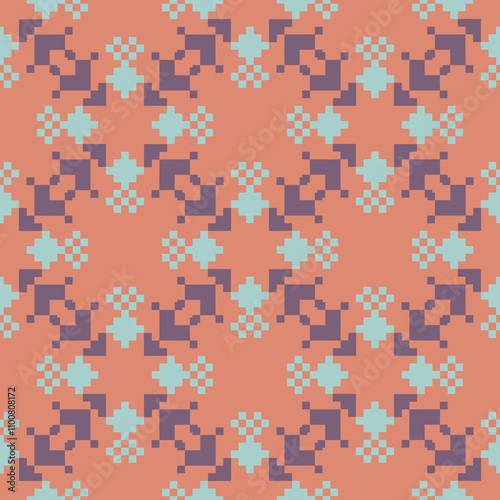 Art Abstract with Pixel Art Designs. Traditional Cross Stitch needlework. Geometric Ethnic Pattern, Embroidery, Textile Ornamental, Fabric, Hand Stitch Pattern, Cultural Stitching Pixel Art
