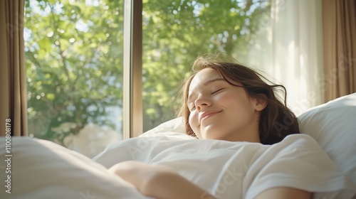 Free Download Teen girl peacefully sleeping in bed by window. - GFXLoad