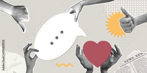Fashionable halftone collage. The concept of feedback, evaluation, rating,comments. Illustration for presentations, web banners, social media banners