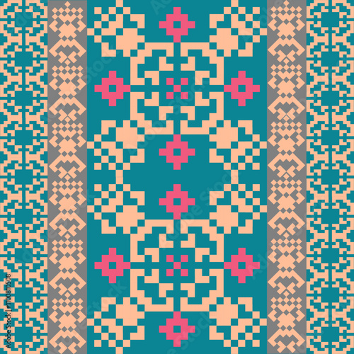 Art Abstract with Pixel Art Designs. Traditional Cross Stitch needlework. Geometric Ethnic Pattern, Embroidery, Textile Ornamental, Fabric, Hand Stitch Pattern, Cultural Stitching Pixel Art