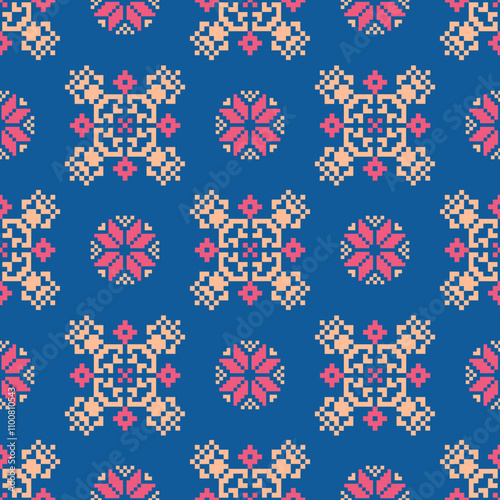 Art Abstract with Pixel Art Designs. Traditional Cross Stitch needlework. Geometric Ethnic Pattern, Embroidery, Textile Ornamental, Fabric, Hand Stitch Pattern, Cultural Stitching Pixel Art