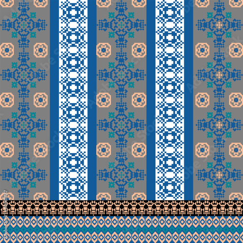 Art Abstract with Pixel Art Designs. Traditional Cross Stitch needlework. Geometric Ethnic Pattern, Embroidery, Textile Ornamental, Fabric, Hand Stitch Pattern, Cultural Stitching Pixel Art