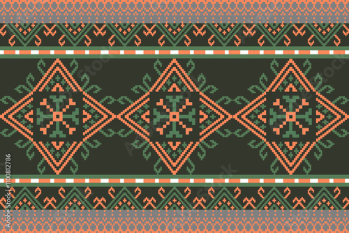 Art Abstract with Pixel Art Designs. Traditional Cross Stitch needlework. Geometric Ethnic Pattern, Embroidery, Textile Ornamental, Fabric, Hand Stitch Pattern, Cultural Stitching Pixel Art