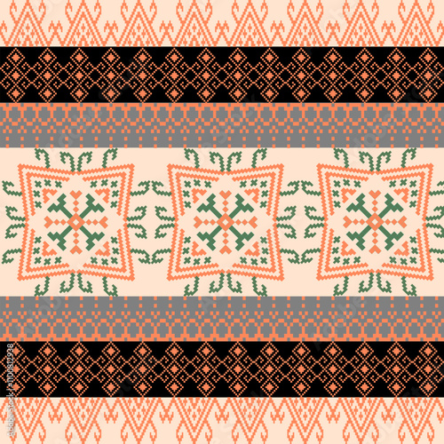 Art Abstract with Pixel Art Designs. Traditional Cross Stitch needlework. Geometric Ethnic Pattern, Embroidery, Textile Ornamental, Fabric, Hand Stitch Pattern, Cultural Stitching Pixel Art