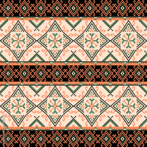 Art Abstract with Pixel Art Designs. Traditional Cross Stitch needlework. Geometric Ethnic Pattern, Embroidery, Textile Ornamental, Fabric, Hand Stitch Pattern, Cultural Stitching Pixel Art